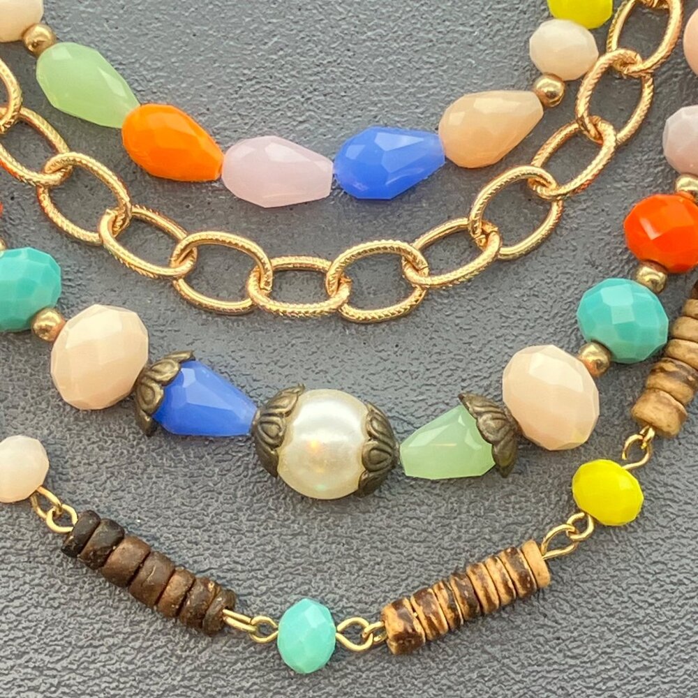 Plunder Layered Beaded Necklace 20 In As Is Multicolor Beads Gold Chains Retro - Picture 2 of 9